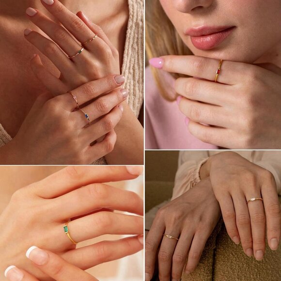 Women Green/gold Non Tarnish Dainty 14k Gold Plated Baguette Emerald Stone Ring - Picture 6 of 7